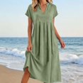 thumbnail image 2 of justHIGH Robe Midi en Coton et Lin pour Femme 2026 Été à Manches Courtes Décontractée Robes Plissées Ligne A Robe de Plage avec Poches Vert Armée, TG, 2 of 7