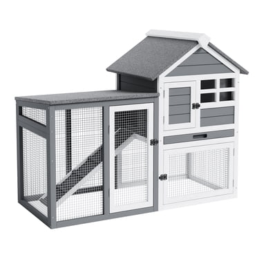 Rabbit Hutch 2-Story - Large Wooden Cage Indoor/Outdoor, 122x93x62cm (Grey), Waterproof Design with Pull-Out Tray & Non-Slip Ramp, 4 Doors for Rabbits, Guinea Pigs, Small Animals