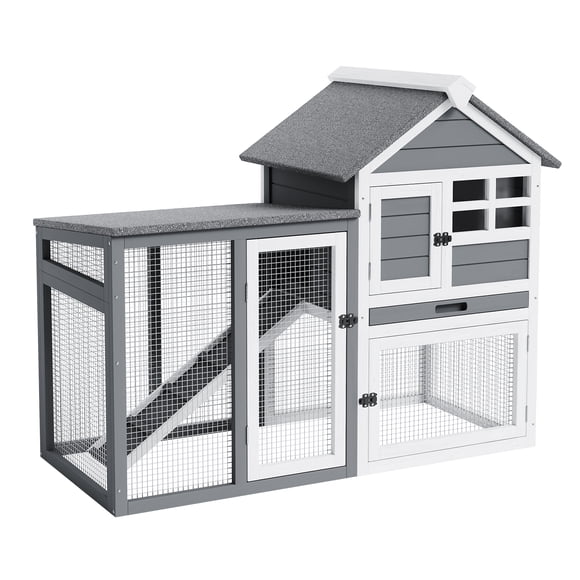 GloryStar Outdoor Small Animal Hutch, 45 Inch Wooden Rabbit Cage with 2 Stories, Ramp, Pull-Out Tray and Waterproof Roof for Bunnies, Poultry and More