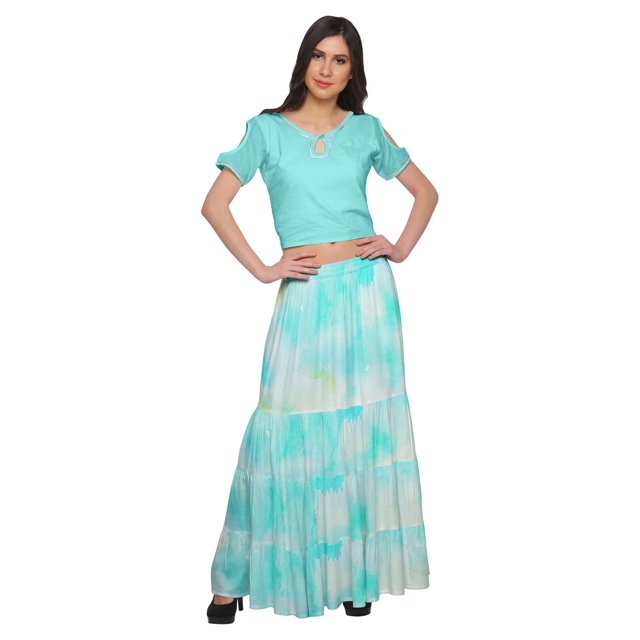 Moomaya Crop Top And Flared Skirt Set Printed Ethnic Rayon Dresses For Women