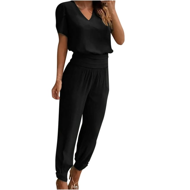 Ensemble 2 Pcs pour Femmes Été Col Uni Manches Courtes Blouse Haut + Pantalon Ample avec Poches