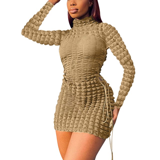 Pompotops Robe Moulante pour Femme, Mode Décontractée Aguichant, Manches Longues, à Nouer, Ajourée, en Solde