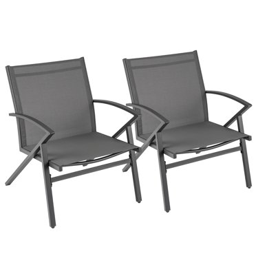 Gymax Patio Chairs 2 PCS w/ Heavy Duty Metal Frame Curved Backrests & Armrests Outdoor Grey