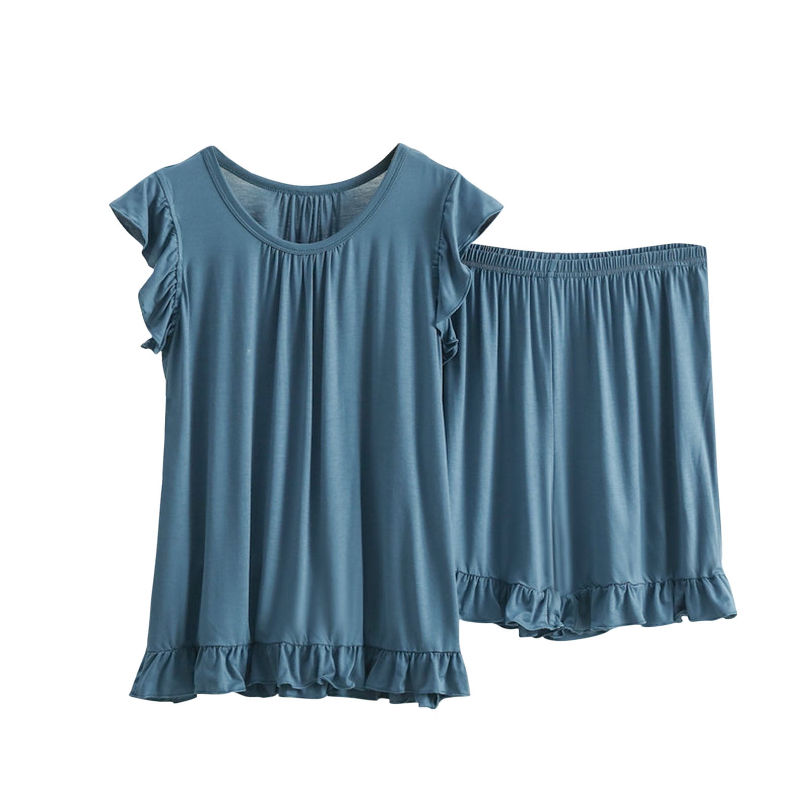 AherBiu Ensembles de Pyjama Grande Taille pour Femmes 2 Pcs Col Ras du Cou Manches Courtes à Revers Hauts à Volants avec Shorts de Pyjama Vêtements d'Intérieur Vêtements de Nuit
