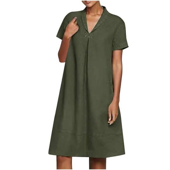 AherBiu Business Casual Dresses for Women Cotton Linen Lapel V Neck Short Sleeve Straight Midi Dress