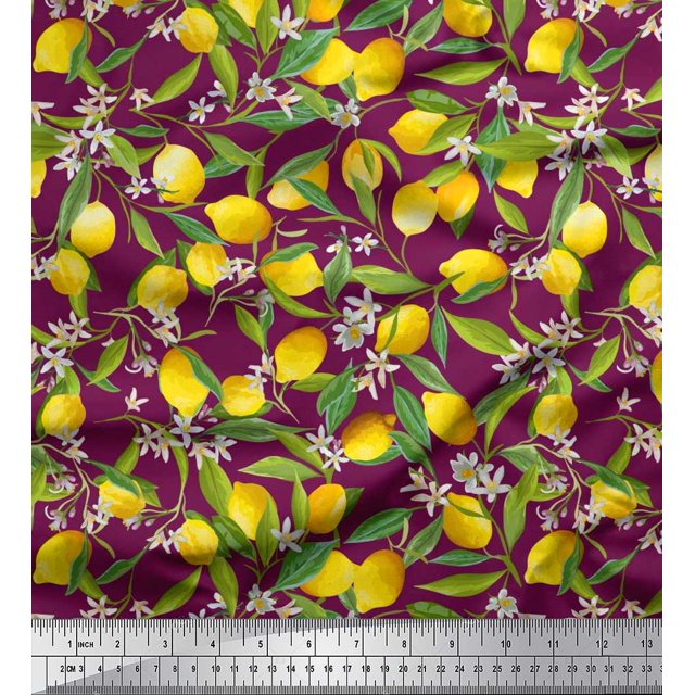 Soimoi Silk Fabric Leaves,Floral & Lemon Vegetable Print Sewing Fabric Yard 42 Inch Wide