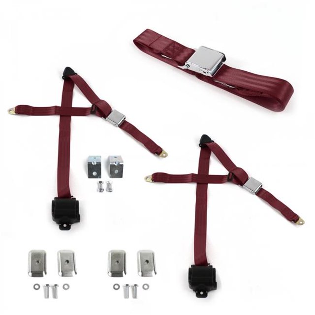 Chevy Impala 1958 Avion 3 Points Burgandy Kit de Ceinture de Sécurité Rétractable avec Bracketry - 3 Ceintures
