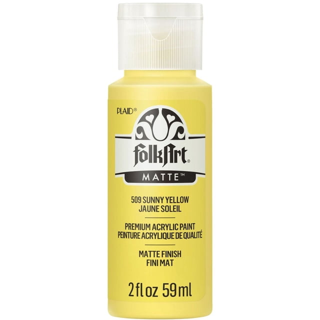 Folkart Matte Acrylic Craft Paint, 2 fl. oz., Sunny Yellow bottle with a creamy, artist-quality acrylic formula and matte finish, suitable for basecoating, stenciling, and decorative crafts on wood, canvas, and paper.