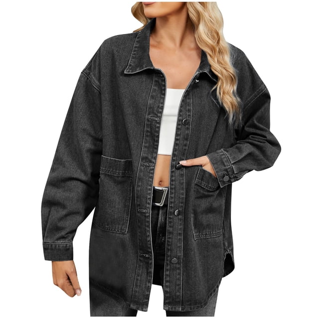 Pisexur Veste Femme Coupe-Vent Trench Manteaux Vestes d'Automne Mode Femme Couleur Col à Revers Style Amincissant Manche Veste en Denim