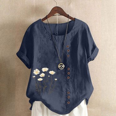 Économies d'Été! Horkkom Hauts en Lin pour Femmes Été Décontracté Imprimé Floral Grande Taille Hauts Légers Chemises à Boutons à Manches Courtes