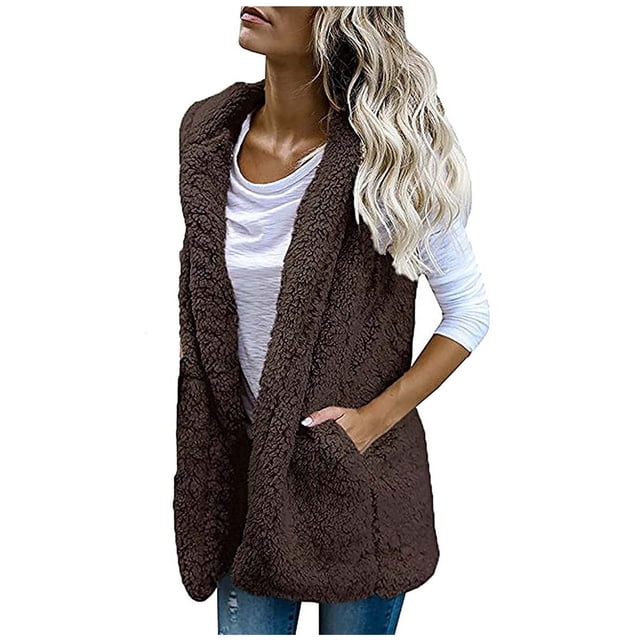 PVCS Women Solid Pocket Color Jacket Plush Sleeveless Lapel Vest Loose Coat Top