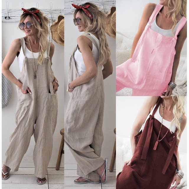Sunloudy Combinaison Décontractée à Jambes Larges pour Femme, Lin, Taille Unique, Rose