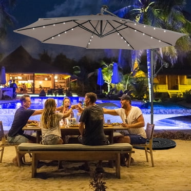 Costway Parasol Déporté de Patio 10 Pieds à Énergie Solaire avec 32 DEL Éclairées, Extérieur, Café