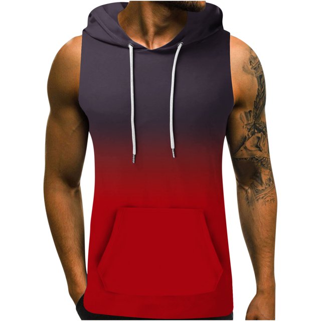 lcziwo Débardeurs de Gym pour Hommes à Capuche, Débardeurs d'Entraînement pour Hommes à Capuche Sans Manches à Dégradé de Couleurs, Chandails à Capuche d'Été à Cordon, Chandails de Musculation, Rouge, G