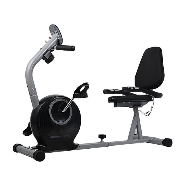 GoZone Vélo Couché – Noir avec Cadre Profil Bas Argenté, Siège et Dossier Rembourrés Noirs, Bouton de Résistance Ajustable, Tablette d'Appareil Sécurisée et Pédales avec Sangles, Conçu pour les Exercices cardio à Faible Impact et Convient aux Aînés Ou à la Réadaptation après Blessure.
