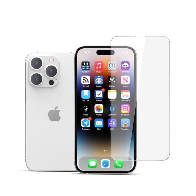 22 cases Tempered Glass Screen Protector for iPhone 15 Pro displayed with a white iPhone 15 Pro showing front and back views, featuring a crystal-clear, ultra-thin 0.3 mm tempered glass protector positioned over the screen, offering 9H hardness scratch protection and an oleophobic coating to repel fingerprints.