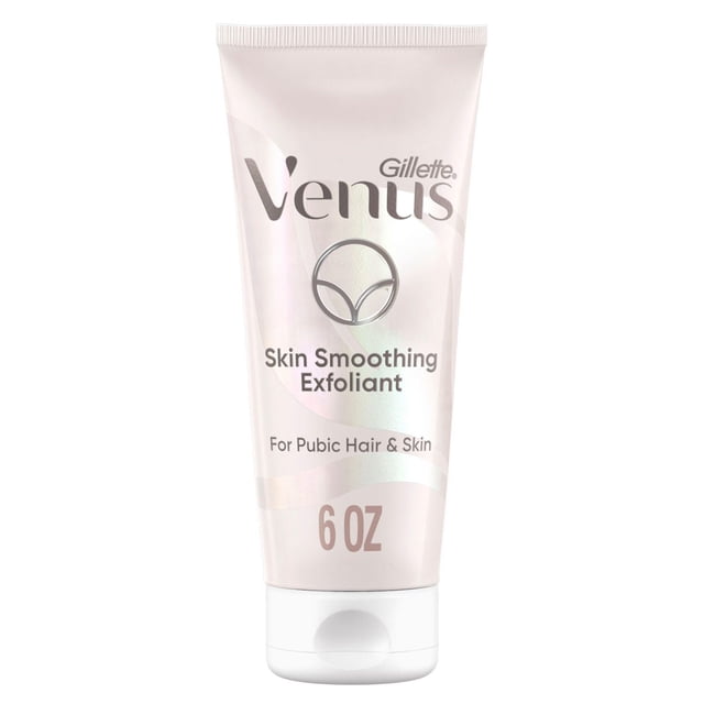 Gillette Venus for Pubic Hair and Skin Skin-Smoothing Exfoliant in a 6 oz pearlescent soft plastic tube with white flip cap, gently exfoliates dead skin and oils to help prevent ingrown hairs, pH balanced and dermatologist tested for sensitive skin.