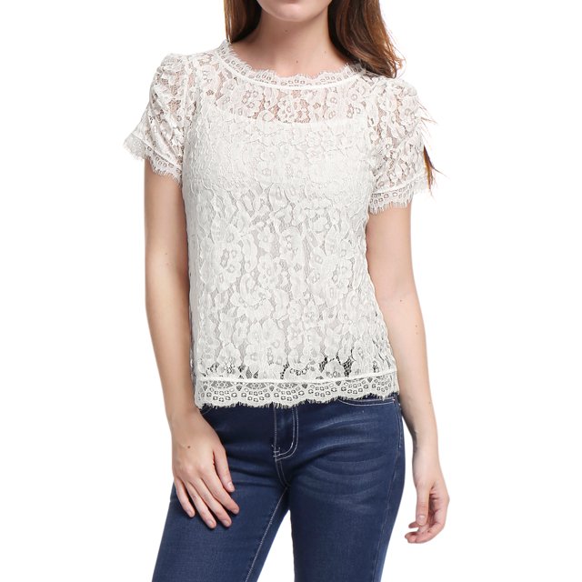 INSPIRE CHIC Haut en Dentelle Florale Semi-Transparente à Bord Festonné pour Femme