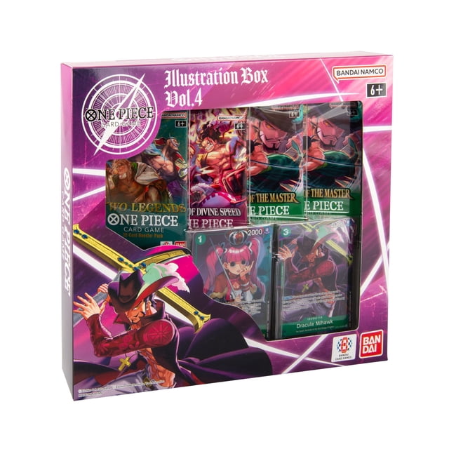 Bandai One Trading Card Games Piece Illustration Box Volume 4 with purple-pink packaging showing four booster packs labeled OP-08, OP-11, and OP-12, featuring One Piece trading card game promo cards including Dracule Mihawk, suitable for ages 6 and up, ideal for collectors and players seeking new illustration promo cards and booster packs.