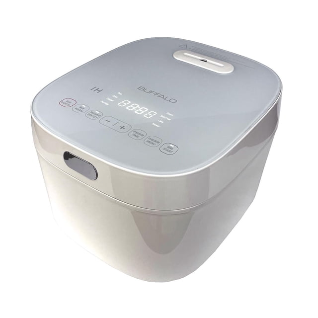 Buffalo IH Smart Cooker 1.0L (5 Cup) with a square design and light grey full IMD touch control panel showing digital timer and 11 cooking functions, housed in a smooth off-white body. It features Japanese induction heating and micom temperature control for even cooking and nutrient preservation, suitable for rice and multi-pot use.