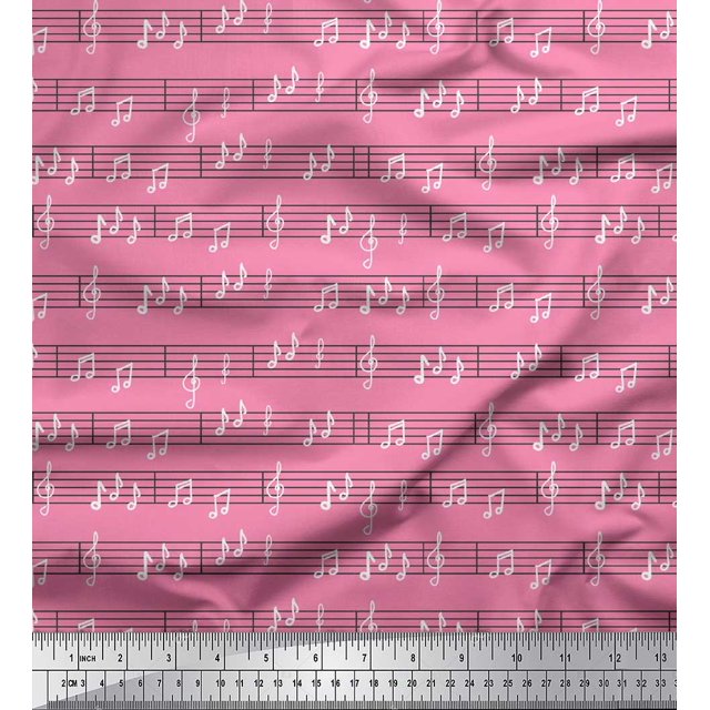 Soimoi Pink Cotton Cambric Fabric Notes Musical Instrument Print Fabric by the Yard 56 Inch Wide