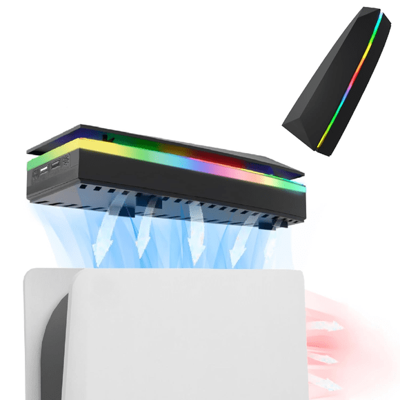 Ventilateur Anti-Poussière et de Refroidissement pour PS5 avec 7 Modes, Lumière RVB, Refroidisseur à Faible Bruit pour PlayStation 5 Numérique et Édition avec Disque, Commutateur Tactile Indépendant à 3 Vitesses, 2 Ports USB