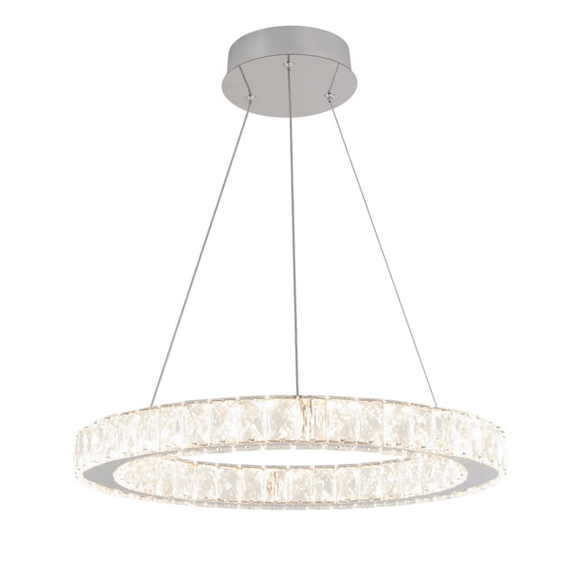 Artika Celebrity Suspension Intégrée à DEL avec Cadre Circulaire Chromé et Panneaux en Cristal, Suspendue par Trois Câbles à Partir d'Un Plafonnier Rond, Émettant 1350 lumens de Lumière Chaude 3000K à Travers un Diffuseur en Verre, Idéale pour un Éclairage Suspendu Élégant dans les Intérieurs de la Maison.