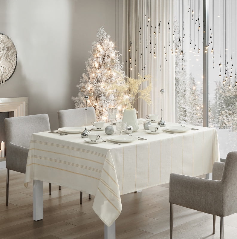 FabStyles Solace 100% Cotton Tablecloth White/Silver and Ivory/Gold Christmas and Everyday Dining Table Cover