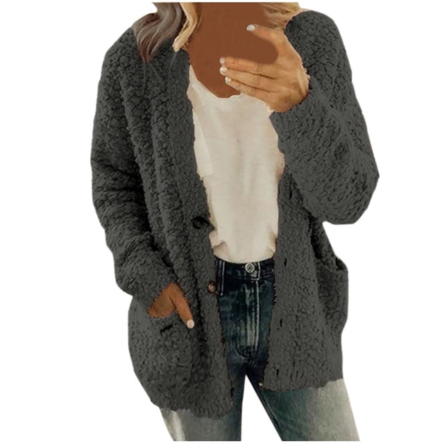 Fleece Cardigan Sweaters for Women Soft Long Sleeve Jacket with Pockets Button Down Open Front Fall Clothes