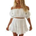 thumbnail image 1 of Robe Boho Femme Été Mini Robe Unie avec Épaules Dénudées Haut 2 Pcs Vêtements, 1 of 4