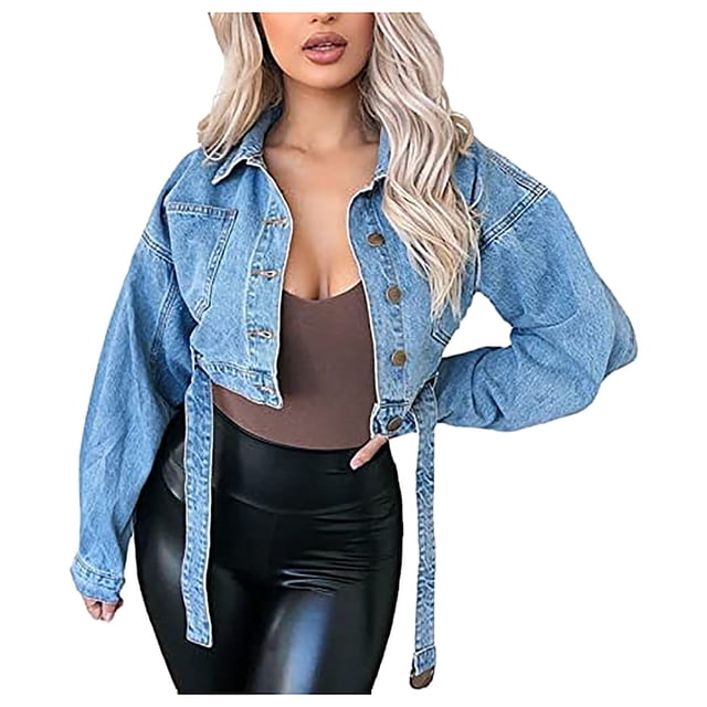 Veste en Denim pour Femmes Décontractée, Délavée, à Revers, avec Boutons et Poches, Courte, Manteau en Jean pour Dames
