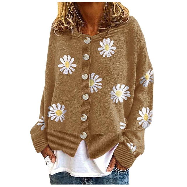 Kcodviy Women Coat Cardigans Daisy Winter Cardigan Plus Size Women Printing Long Sleeve O-Neck Womens Button Down Cardigan Sweaters Cropped Sweater Top