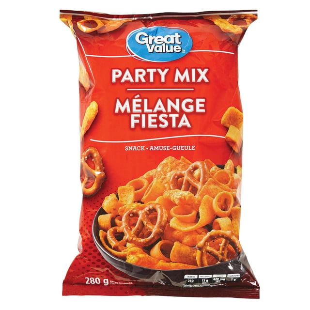 Great Value Party Mix bag with a red background and bilingual text, displaying a bowl of pretzels, cheese puffs, and crunchy snack bites. This 280 g snack mix is ideal for parties and casual gatherings, often used as a versatile party snack option.