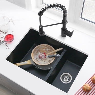Évier de Cuisine Élégant à Double Montage 27 Pouces en Composite Granit Noir à Double Bol avec 2 Accessoires S-827N