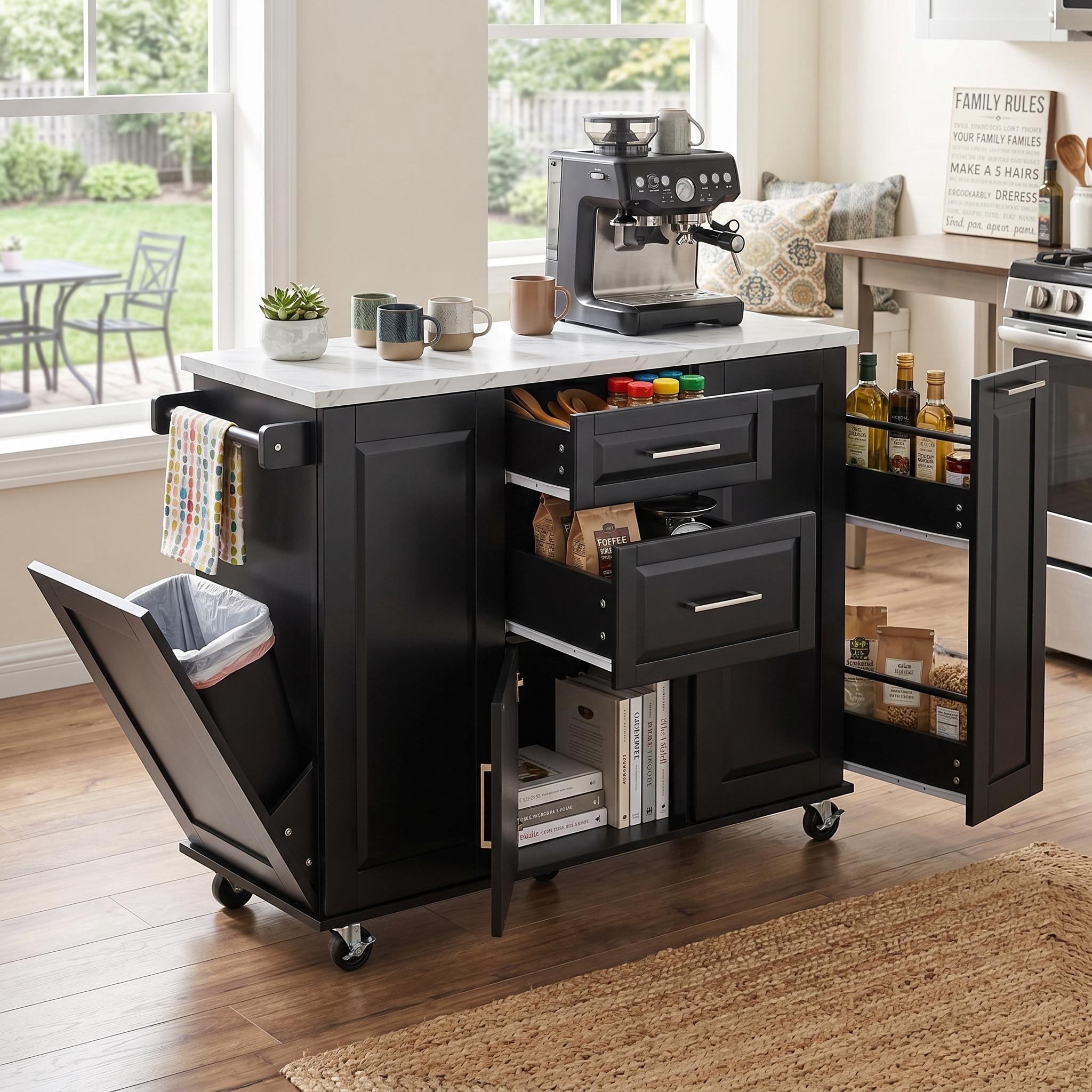 Homy Casa Îlot de cuisine roulant 50,7 po avec rangement, abattant, armoire basculante pour poubelle, organiseur coulissant, 2 tiroirs, noir