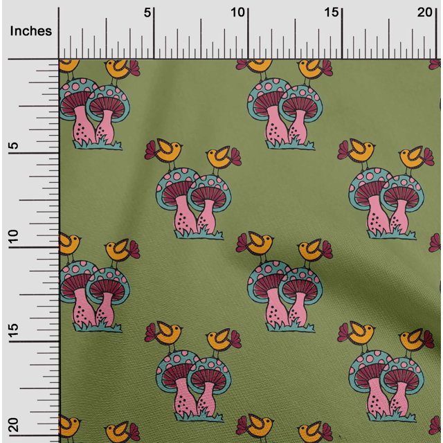 oneOone Viscose Chiffon Fabric Bird & Mushroom Block Printed Fabric 1 Yard 42 Inch Wide