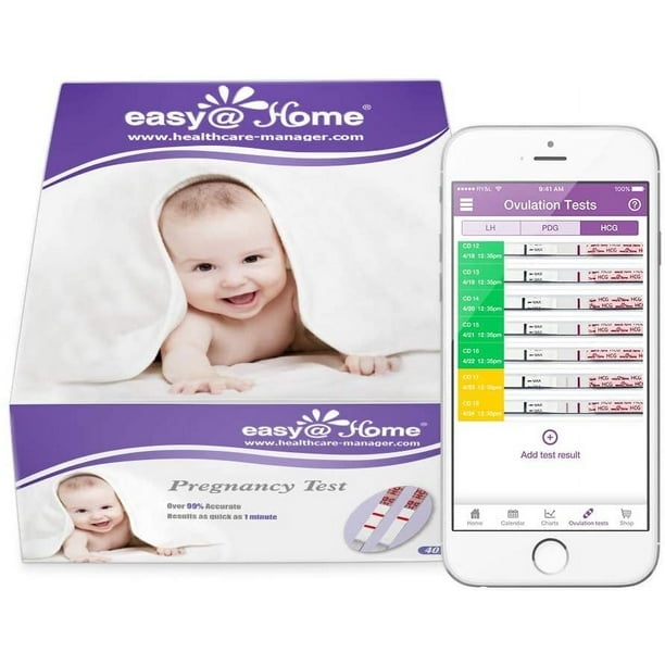 Easy@Home 40 Bandes de Test d'Urine de Grossesse (HCG) Boîte Affichée à Côté d'Un Téléphone Intelligent Montrant l'Interface de l'App Prématuré. la Boîte Présente la Marque et les Détails du Produit, Y Compris une Précision de Plus de 99 % et des Résultats Rapides. le Téléphone Intelligent Met en Valeur la Compatibilité avec l'Appli pour le Suivi de l'Ovulation et des Résultats de Test de Grossesse.