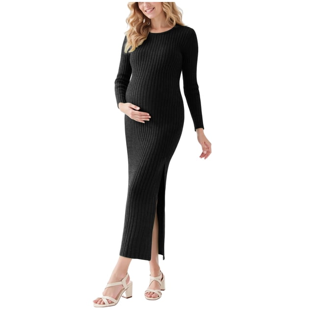 WUANDIXFA Robe Chandail de Maternité à Manches Longues pour Femmes pour Séance Photo d'Automne et d'Hiver Grossesse pour Femmes Robes de Maternité Noir,m
