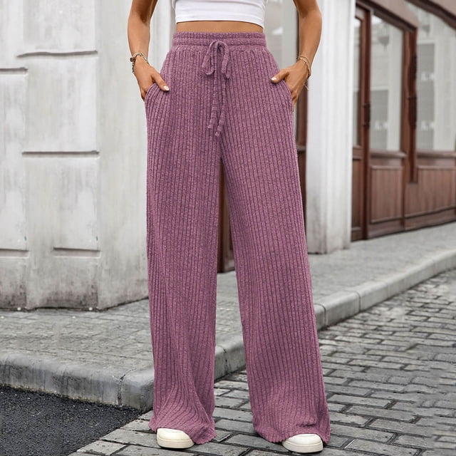 Ailaofu Womens Ribbed Wide Leg Lounge Pants with Pockets Casual Relaxed Comfy Loose Soft Knit Pajama Pants with Drawstring