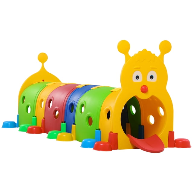 Qaba Tunnel pour Enfants pour Ramper, Design Chenille, pour 3 à 6 Ans. un Tunnel de Jeu Multicolore en Forme de Chenille Fabriqué en HDPE et PP, Présentant une Tête Jaune Vibrante avec une Langue Rouge et des segments de Corps Colorés en Vert, Rouge et Bleu. Conçu pour une Utilisation Intérieure et Extérieure, Il Comprend Sept Paires de Pieds pour la Stabilité et Peut Être Configuré en Diverses Formes comme une Longue Bande, un arc Ou une Forme en S. Convient pour le Rampement, l'Escalade et les Jeux de Cache-Cache, avec des dimensions de 10