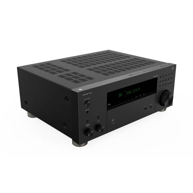 Onkyo TX-RZ30 Récepteur AV 9,2 Canaux Affiché dans une Vue Angulaire Orientée vers l'Avant. le Récepteur Présente un design Noir Moderne avec un Panneau Supérieur Perforé pour la dissipation de la Chaleur, un Affichage Numérique Mettant en Valeur la Compatibilité IMAX DTS:X, et Plusieurs Boutons et Boutons de Commande pour des Réglages audio Précis. Convient aux Systèmes de Cinéma Maison Haut de Gamme et aux Configurations Audiophiles.