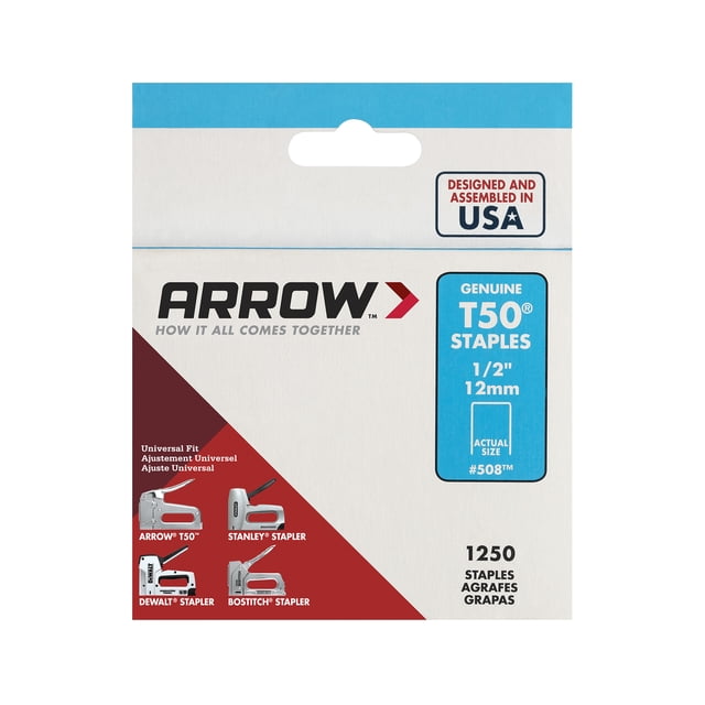 Arrow T50 Staples-1250Pack,1/2"Leg Length,3/8"Crown Width front-facing pack view showing metallic T50 staple strips in parallel rows; visible precision points and Arrow branding, labelled 1,250 staples per pack with 1/2-inch legs and 3/8-inch crown, marketed for heavy-duty stapling like insulation, roofing underlayment and upholstery, compatible with T50 series staplers and suitable for DIY upholstery or craft panel mounting.