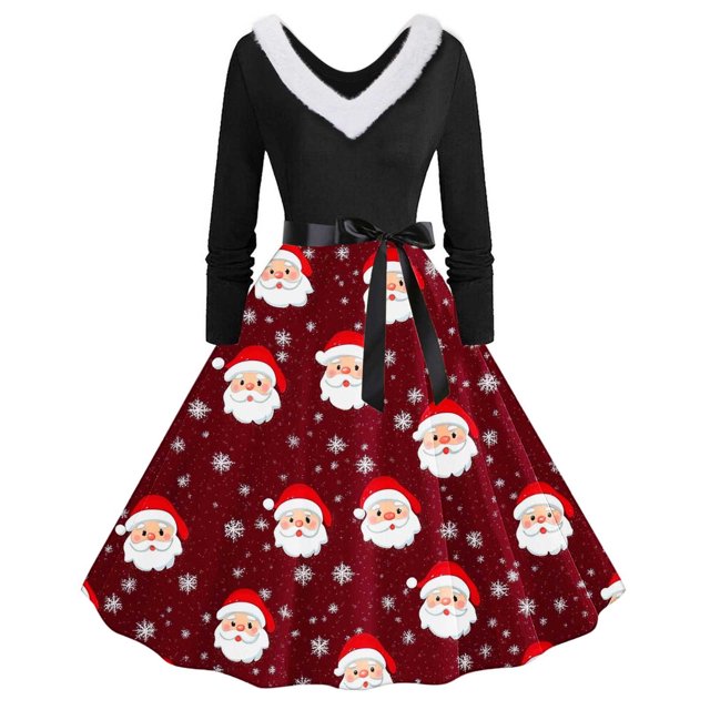 TIMIFIS Robes de Noël pour Femmes, Robes Maxi pour Femmes Robe Vintage de Vacances Manches Longues Col en V en Fourrure Robe Dos Nu