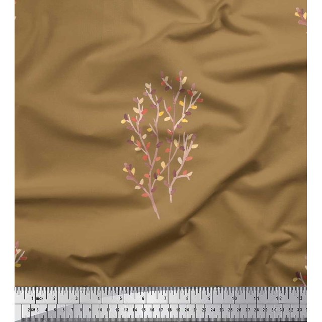 Soimoi Brown polyester Crepe Fabric Artistic Leaves Print Sewing Fabric Yard 52 Inch Wide