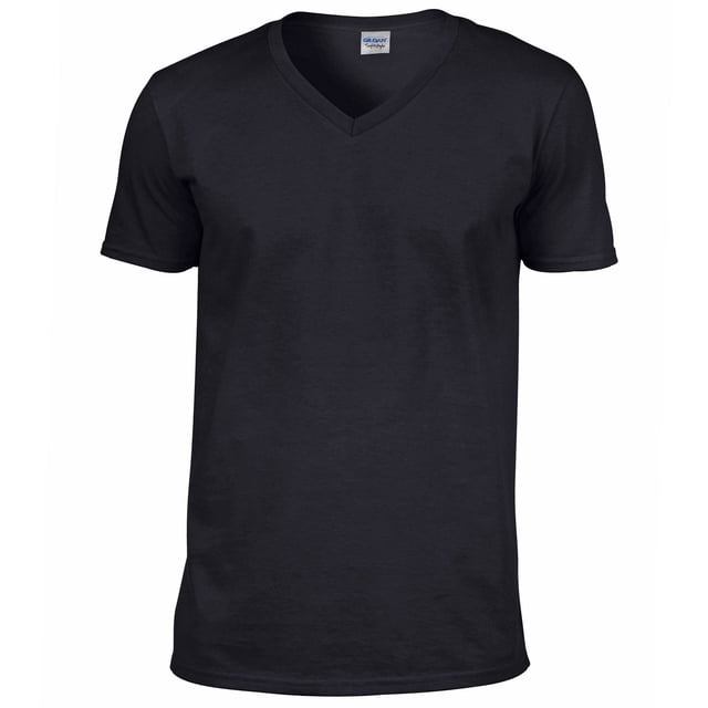 Gildan T-Shirt à Col en V à Manches Courtes pour Hommes, Style Doux, en Noir Uni, Fabriqué en Coton 100 % Filé à l'Anneau avec Encolure en V Côtelée et Rubanée. Comprend des Coutures Latérales, des Épaules Rubanées, un Ourlet à Double Aiguille et des Manches, et une Étiquette à Décoller. Léger et durable, Idéal pour les Tenues Décontractées pour Hommes. Coupe Classique avec Tailles Allant de S à 3TG, Certifié pour la Durabilité selon la Norme Oeko-Tex 100 et d'Autres initiatives.