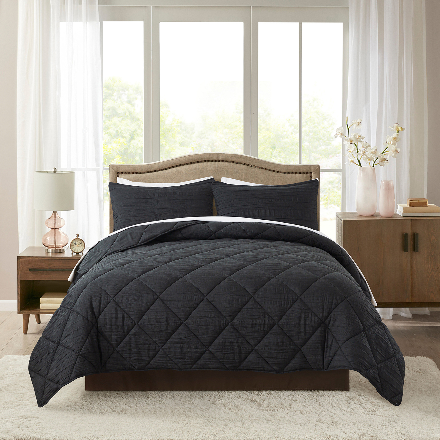 JML Ensemble de Couette Très Grand Size 3 Pcs - 480GSM Texture Froissée Design Carré, Noir