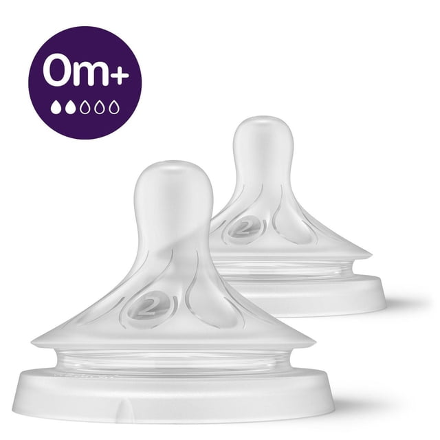 Philips Avent Tétine à Débit Naturel 2, 0 M+, Lot de 2 avec Deux Tétines en silicone Translucides avec Larges bases en Forme de Sein et 2 Marques de Débit, Conçues pour un Flux de Lait Contrôlé par le Bébé et une valve Anti-Coliques pour Réduire les Coliques et l'Inconfort.
