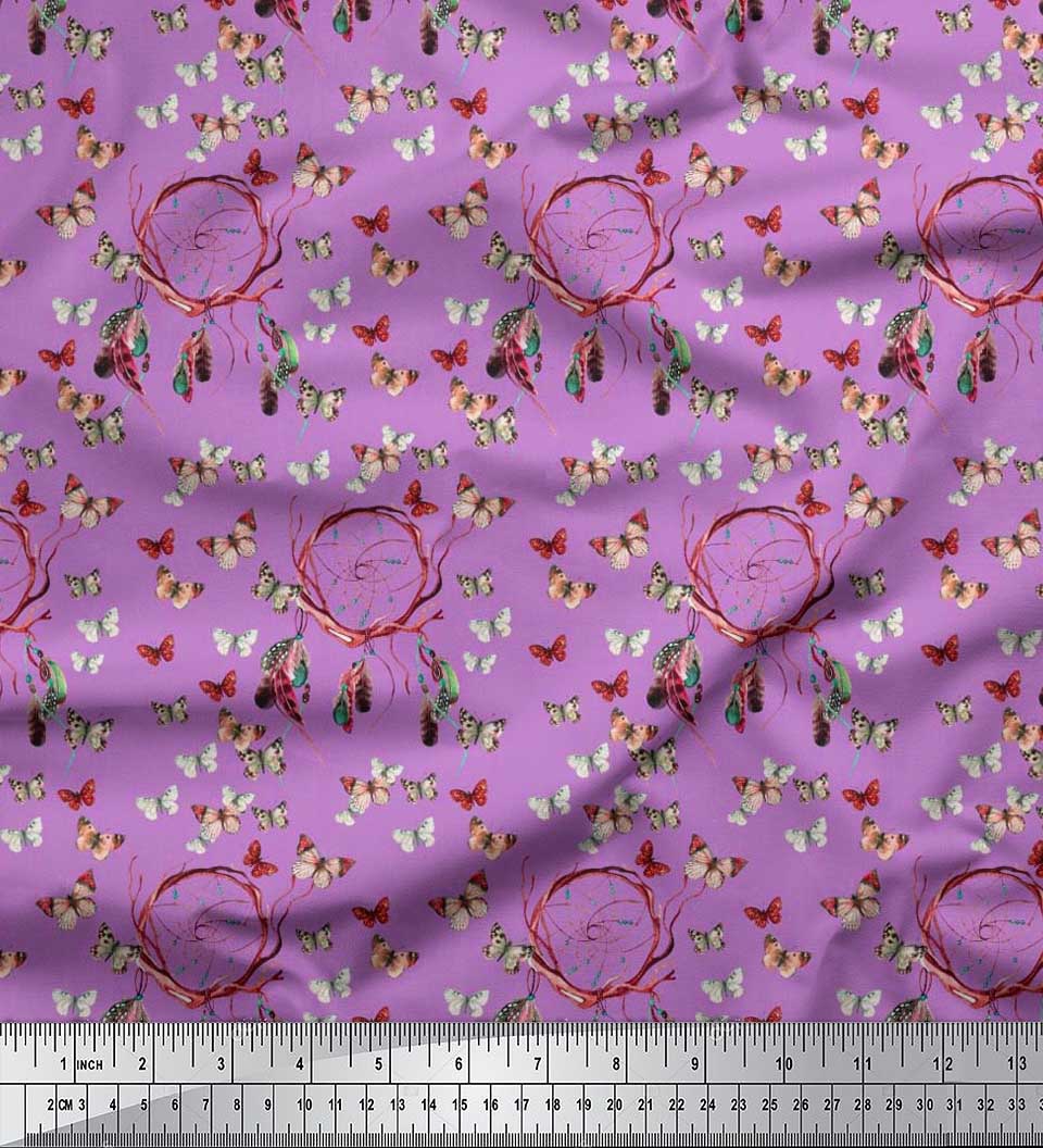 Soimoi Rayon Crepe Fabric Dream Catcher & Butterfly Printed Fabric 1 Yard 46 Inch Wide