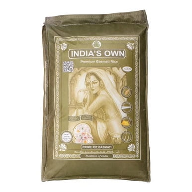 Riz Basmati Blanc Premium de l'Inde Propre 18,14 Kg/40 Lb Sac de Vente au Détail Orienté vers l'Avant Montrant le Nom de Marque de l'Inde Propre et le Titre de Produit Imprimé, Emballage de Riz Blanc avec Panneau de Poids net Transparent et Zone d'Étiquette, Riz Basmati en Vrac pour Rangement de Garde-Manger; Utilisé Souvent pour pilafs Ou biryani.