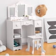 thumbnail image 1 of Kids Vanity Table Set with Light, Tri-Folding Mirror, 5 Drawers and Square Stool, Wood Makeup Desk Dressing Table with Open Storage Shelves and Detachable Top, 1 of 5